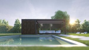 Pérgola bioclimática en el jardín en puesta de sol